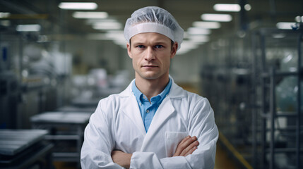 Portrait of caucasian male technologist at a food processing plant, confident food scientist wearing hair net cap