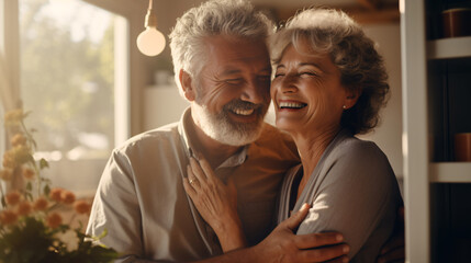 an elderly retired couple in love - grandmother and grandfather hugging each other smiling inside a kitchen