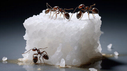 ants trying to carry away a piece of sugar - group of black fire ants on sugar cubes - teamwork concept - obrazy, fototapety, plakaty