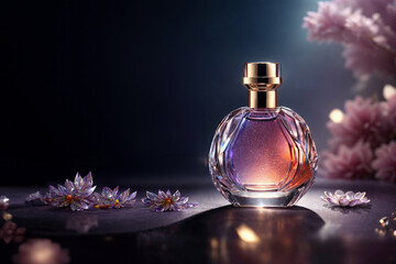 Obraz na płótnie Canvas AI generated bottle of perfume with flower background mockup 