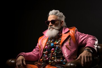 Moderner Santa Claus in Rosa: Hipper alter Mann mit weißem Bart