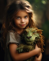 little attractive girl with long brown curls hugs a toy green dragon - toy, iguana or lizard, fairytale monster. fantasy. AI generated