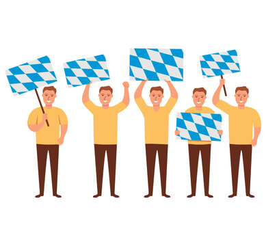 Free State of Bavaria flag waving man.Joyful guy hand holding Bavaria flag.Character cartoon vector flat illustration. Patriot germany citizen. Federal Republic of Germany.