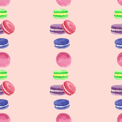 Macarons. Dessert. Seamless vector pattern of sweets. Coffee house. Fabric print for the kitchen. Cookie. Cooking. Food. Fabric pattern. Tablecloth.
