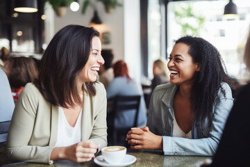Fototapeta premium Happy smiling female friends sitting in a café laughing and talking during a lunch break