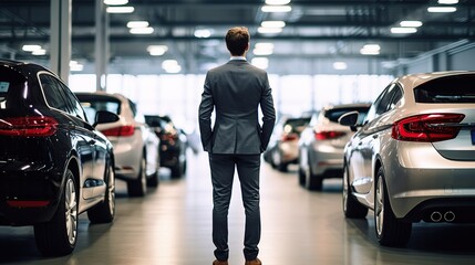 a young man is buying a car at an auto shop - obrazy, fototapety, plakaty