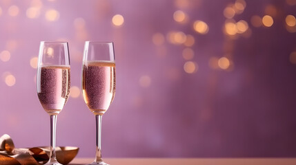 Two champagne glasses on Pale purple color a background of fireworks with copy space