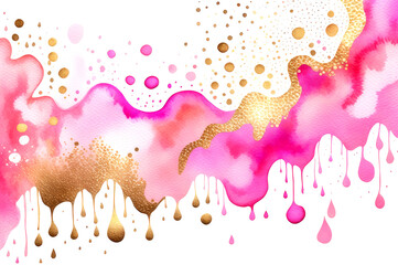 Abstract gold glitters and pink watercolor hand paint texture on white background. Generative AI