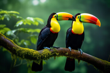 Pair of toucans sitting on a branch in the rainforest