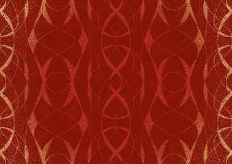 Hand-drawn unique abstract ornament. Light red on a bright red background, with vignette of same pattern and splatters in golden glitter. Paper texture. Digital artwork, A4. (pattern: p10-3b)