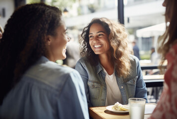 Fototapeta premium Happy smiling female friends sitting in a café laughing and talking during a lunch break