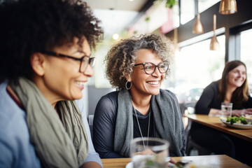 Happy smiling female friends sitting in a caf&eacute; laughing and talking during a lunch break