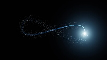 Blue dotted infinity symbol with spot light loop motion background. Artistic endless blue light travel on clean black background.