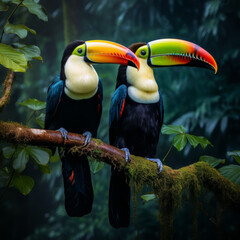 Fototapeta premium Pair of toucans sitting on a branch in the rainforest