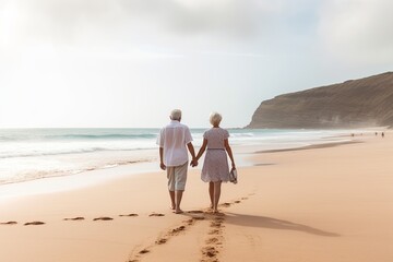 An intimate moment captured as an elderly couple takes a serene walk along the beach, their hands interlocked in silent companionship.  - obrazy, fototapety, plakaty