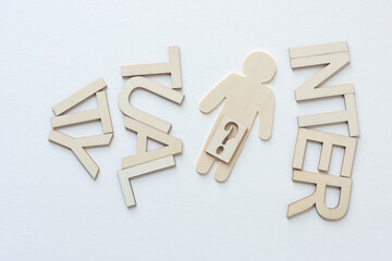 wooden stick figure silhouette with block stencil symbol of a question mark 