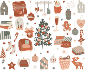 Collection of vector winter home objects in flat style, scandinavian hygge consept, cozy Christmas set of individual elements, hand drawn vector illustration  - 654949344