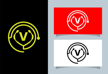 initial V monogram alphabet with  stethoscope Healthcare Logo Vector