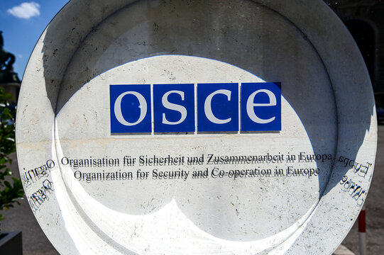 OSCE symbol on headquarter in Vienna, Austria. Organization for Security and Co-operation in Europe. 