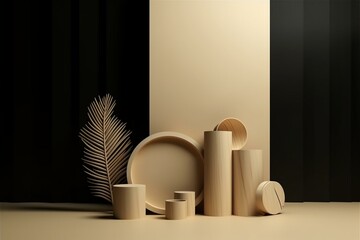 Abstract geometric background with primitive shapes and a modern minimalistic cylinder podium. Generative AI