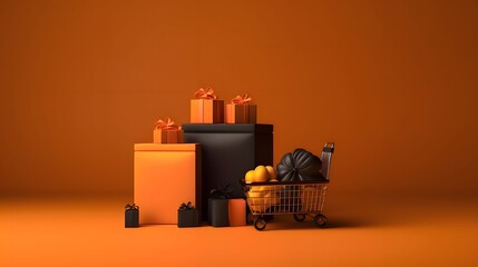 Fototapeta na wymiar Elegantly arranged gifts and shopping cart on bright orange background, banner ad for black Friday.