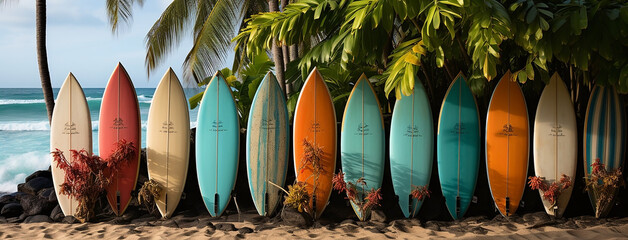 Colorful Vintage style surfboards standing near a beach  - obrazy, fototapety, plakaty