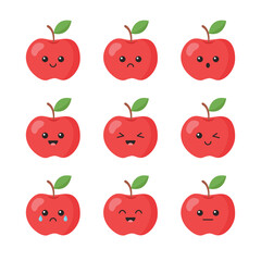 Cute apple character. Cartoon apple emoji icon set. Vector illustration