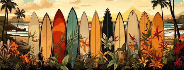 Hawaii beach illustration with different design surfboards stand lay in sand 