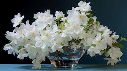 stunning bouquet of jasmine flowers, delicately arranged in a crystal vase. AI Generative.