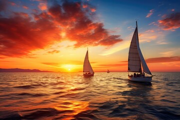 Sunset on the ocean with sailing yachts on the horizon 
