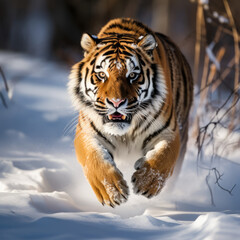 Fototapeta na wymiar Tiger in wild running in the snow, action wildlife scene