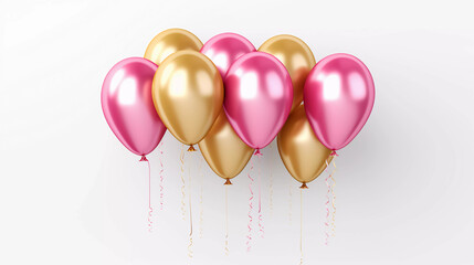 Pink and golden balloons on a white background