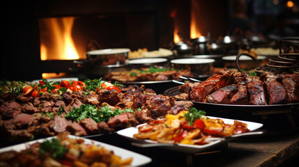 Catering buffet food indoor in restaurant with grilled meat. ai generative