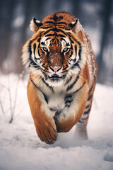 Fototapeta na wymiar Tiger in wild running in the snow, action wildlife scene