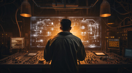 Technician working on the control panel of the factory at night. ai generative