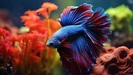 Obraz premium Betta fish gracefully swimming in a well-decorated aquarium, AI Generative.
