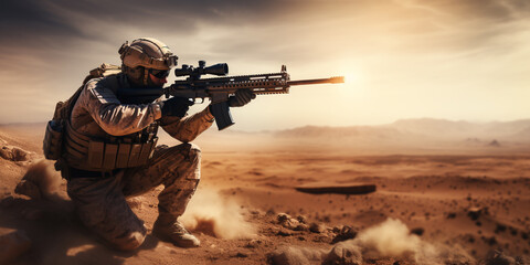 Military sniper in the desert. Sniper mercenary with a rifle aims at the enemy. ai generative - obrazy, fototapety, plakaty