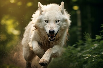 A white wolf sprinting across. Generative AI