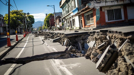 city street cracked and damaged after an earthquake. ai generative