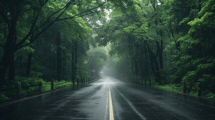 Obraz premium straight asphalt road in the middle of the forest in rainy weather. ai generative
