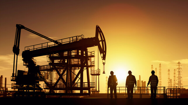 oil production. two silhouette workers work as a team next to an oil pump. business oil production production concept. two engineers of the oil and gas industry are sun 