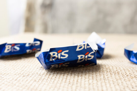 August 05, 2021, Brazil. Hands holding Chocolate Bis, produced by Lacta.