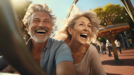 portrait of Happy cheerful mature couple enjoying bike ride on street at park  - obrazy, fototapety, plakaty