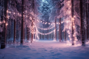 Holiday Lights in the Forest - obrazy, fototapety, plakaty