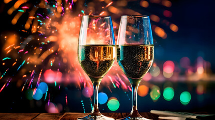 Two glasses of champagne together, multicolored fireworks in the background