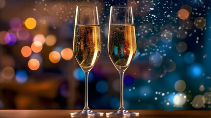Two glasses of champagne together, multicolored fireworks in the background