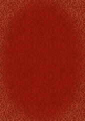 Hand-drawn unique abstract ornament. Light red on a bright red background, with vignette of same pattern and splatters in golden glitter. Paper texture. Digital artwork, A4. (pattern: p10-2f)