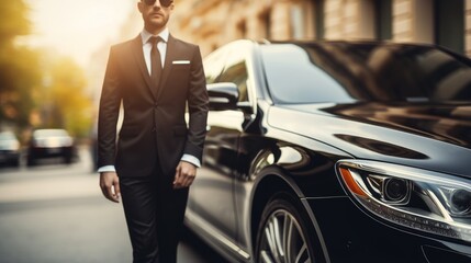 Professional driver near luxury car, close-up. Chauffeur and guard service