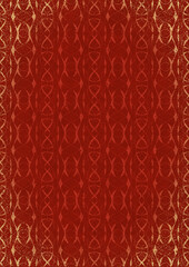 Hand-drawn unique abstract ornament. Light red on a bright red background, with vignette of same pattern and splatters in golden glitter. Paper texture. Digital artwork, A4. (pattern: p10-3f)