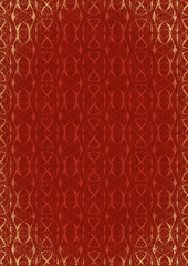 Hand-drawn unique abstract ornament. Light red on a bright red background, with vignette of same pattern and splatters in golden glitter. Paper texture. Digital artwork, A4. (pattern: p10-4f)